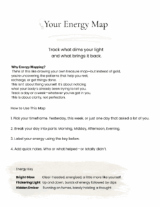 Preview of Page 1 from the free Energy Map Tracker – a printable PDF to help track energy patterns, drainers, and boosters for people managing chronic illness or burnout.