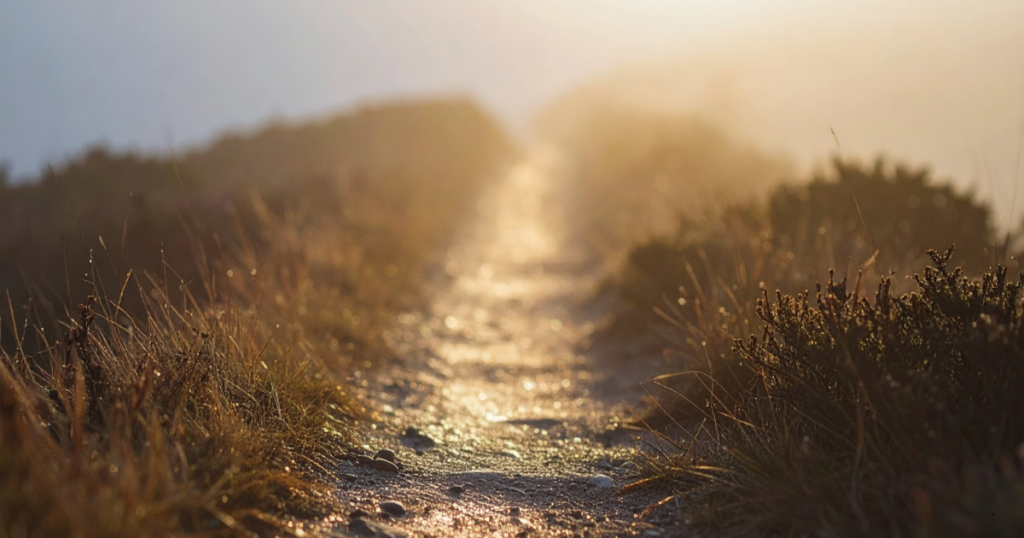 Softly lit dirt path stretching forward through grass for goal accountability post